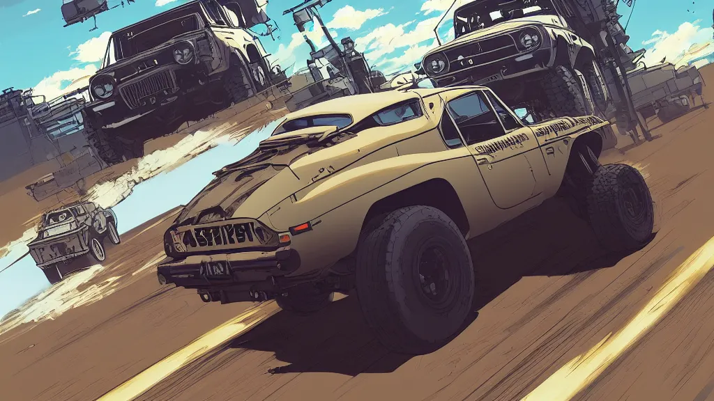 Image similar to digital illustration of mad max's fj 4 0 pursuit special, the last v 8 interceptor driving down to the gates of valhalla highway in the middle of the day, anime style, year 2 0 9 3, by makoto shinkai, ilya kuvshinov, lois van baarle, rossdraws, basquiat, studio ghibli