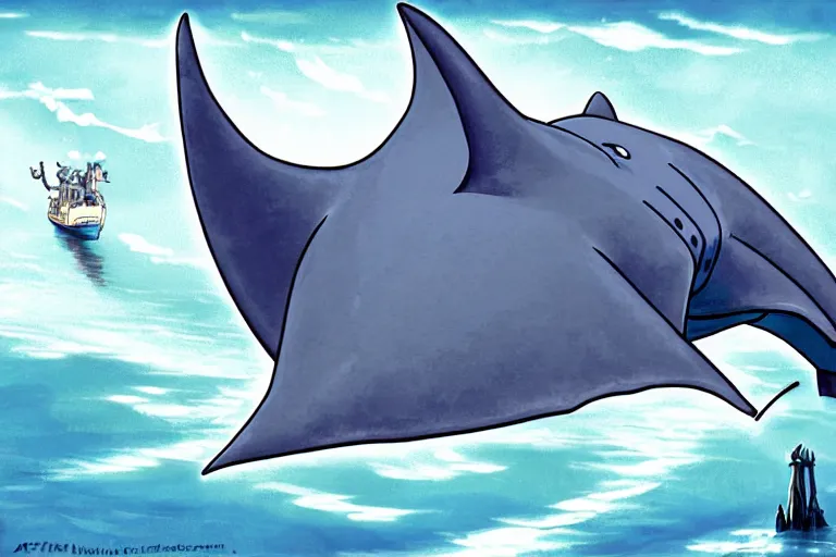 Prompt: cell shaded cartoon of a giant mechanized grey manta ray from howl's moving castle ( 2 0 0 4 ), in an icy river, full body, wide shot, very muted colors, post grunge, studio ghibli, highly detailed, deviantart, art by artgem