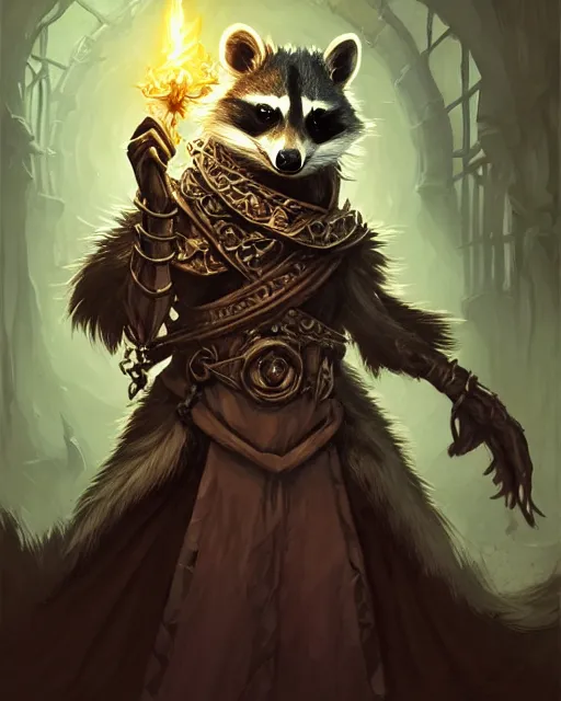 Image similar to anthropomorphic royal warlock raccoon casting a spell in a dungeon, dark souls, d & d, fantasy, intricate, action pose, elegant, highly detailed, digital painting, artstation, concept art, matte, sharp focus, illustration, hearthstone, art by artgerm, wlop, greg rutkowski and alphonse mucha