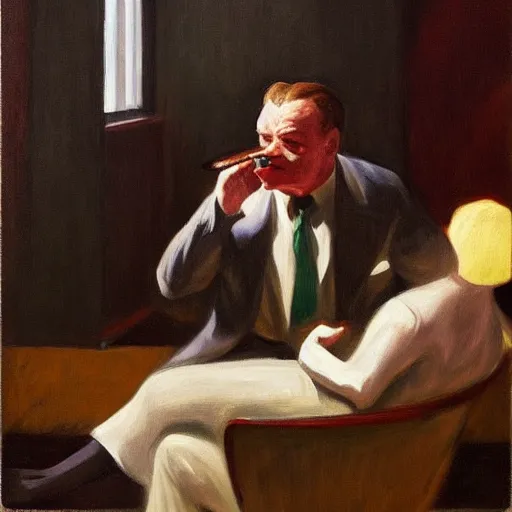 Image similar to A portrait of James Cagney smoking a cigar in a busy hotel lobby, painting by Edward Hopper and John Singer Sargent