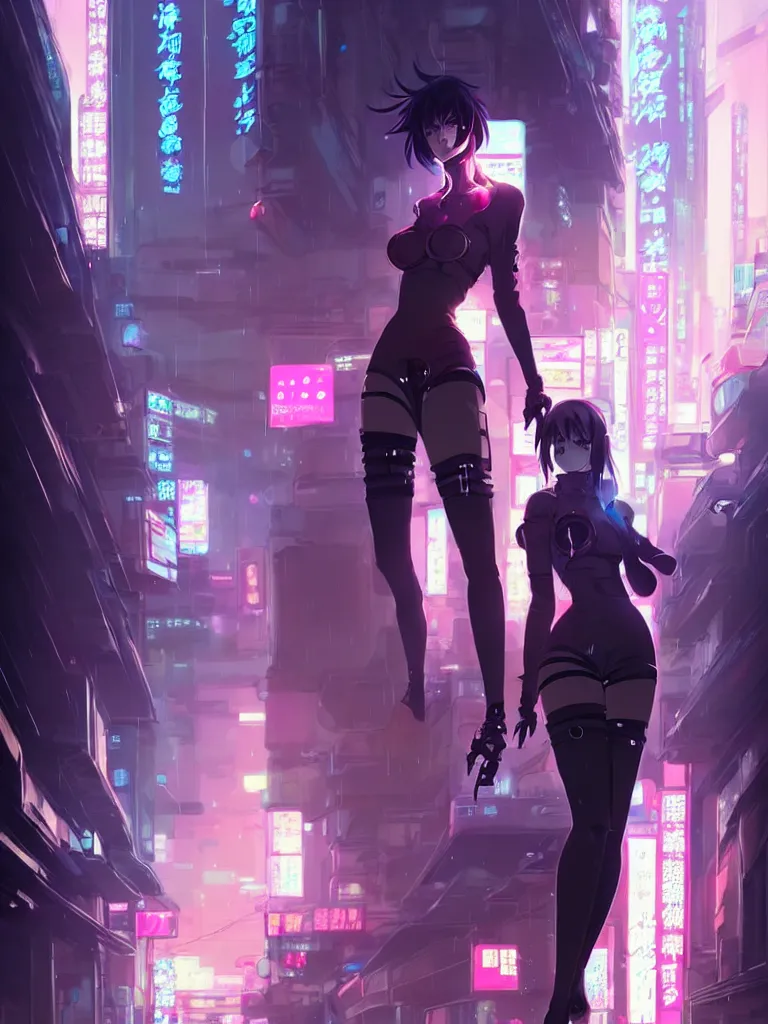 Image similar to Beautiful full body portrait of beautiful cyberpunk anime woman by Greg Rutkowski and Krenz Cushart and Pan_Ren_Wei and Hongkun_st and Bo Chen and Enze Fu and WLOP and Alex Chow, Madhouse Inc., anime style, crepuscular rays, set in rainy futuristic cyberpunk Tokyo street, dapped light, dark fantasy, feminine figure, smooth skin, gorgeous, pretty face, beautiful fashion model body, high detail, hyper realistic, cgsociety, trending on artstation