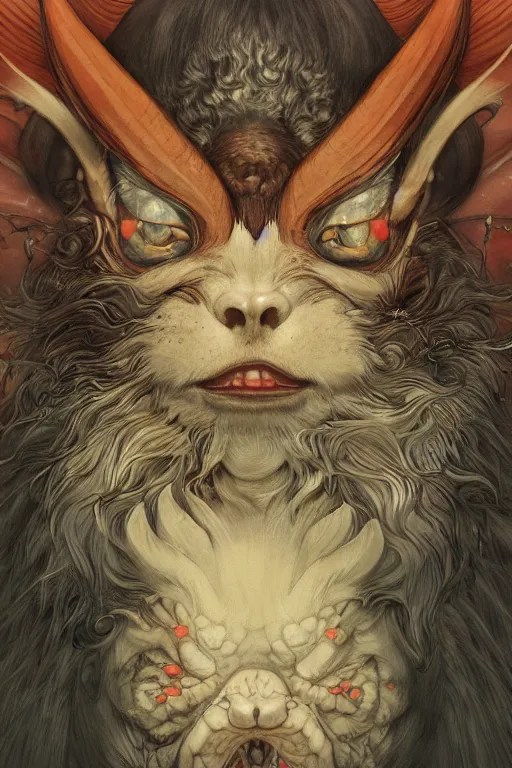 Image similar to a portrait of a japanese devil animal illustrated by miyazaki by karol bak, james jean, tom bagshaw, rococo, sharp focus, trending on artstation, cinematic lighting, hyper realism, octane render, 8 k, hyper detailed, vivid, ultra detailed, highly detailed