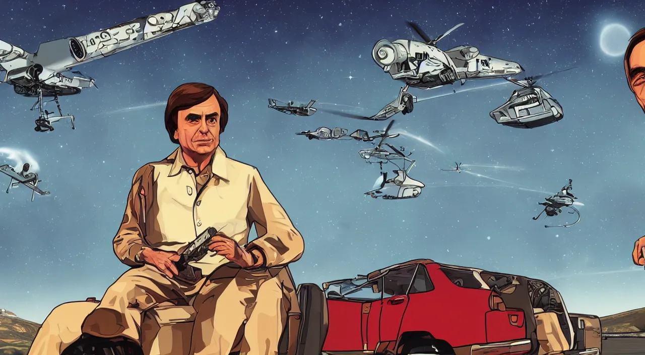 Image similar to carl sagan s a gta loading screen, illustration gta 5 artwork, stephen bliss