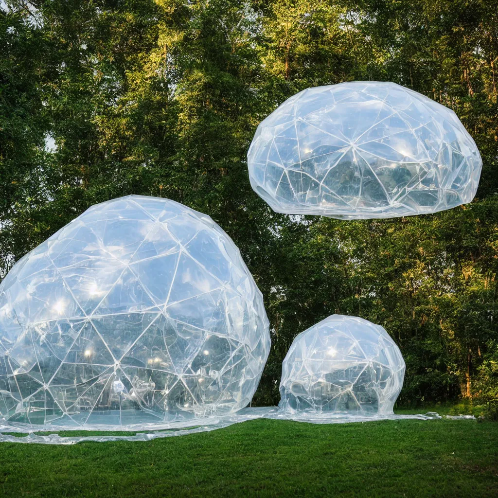 Prompt: an inflatable geodesic house made of clear plastic sheeting. The house is made of 3 inflated bubbles. It is night time and the bubble house glows from within. The inflated house is at the edge of a forest. ultra wide shot, coronarender, 8k, photorealistic