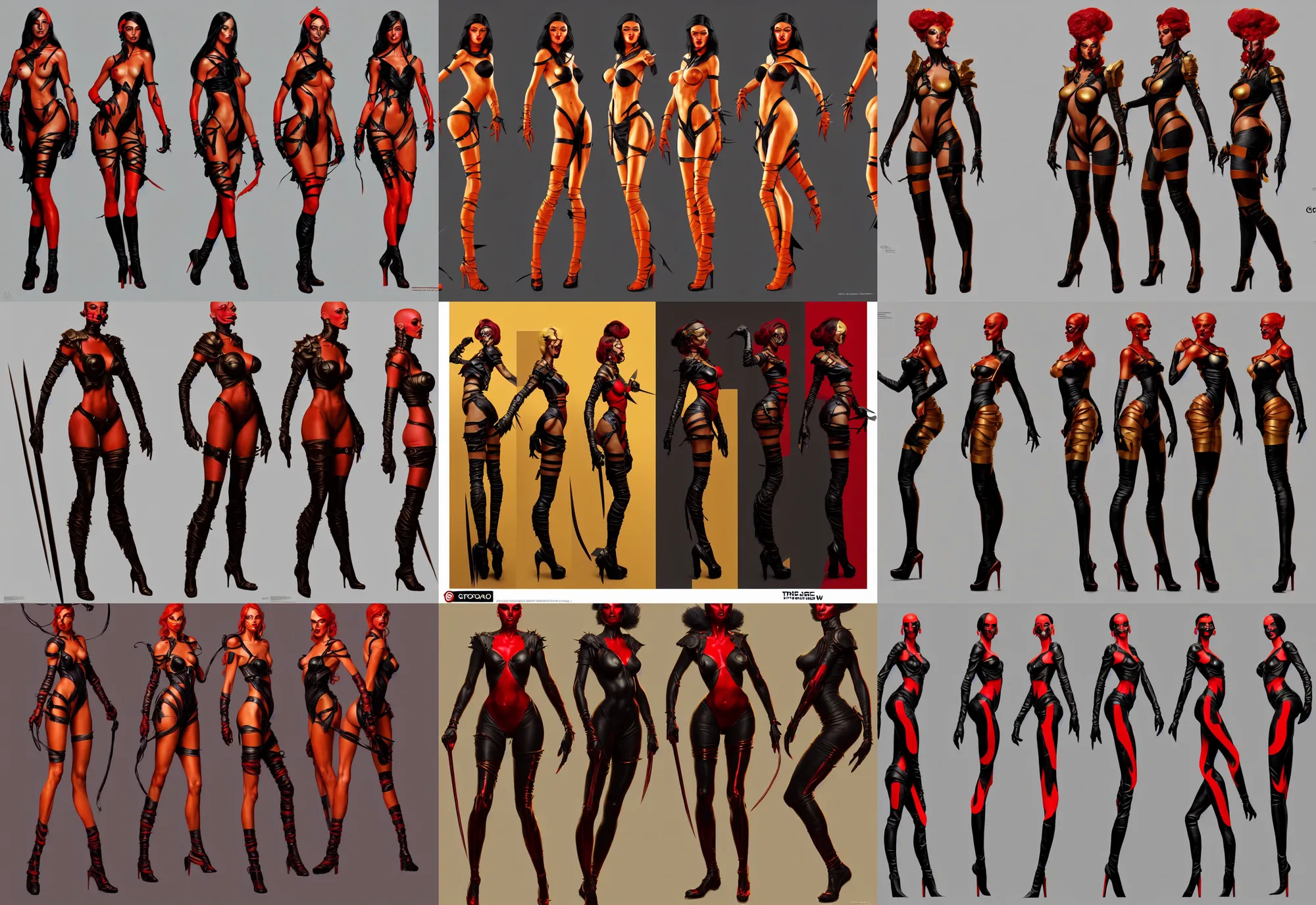 Prompt: three views game character design by illustrator of riot games, donato giancola and greg rutkowski. just one lonely black tape project show attctive showgirl!! full body!! future head set. contour light effect!! 8 k. red, golden and black. stage light. octane render. sharp edge. ultra clear detailed