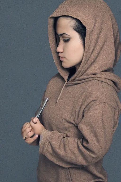 Prompt: short brown hair Arab Spanish shy young woman in a beige hoodie, Diwani calligrapher using bamboo pen, cinematic lighting, hyper-detailed realistic, rule of thirds, photograph