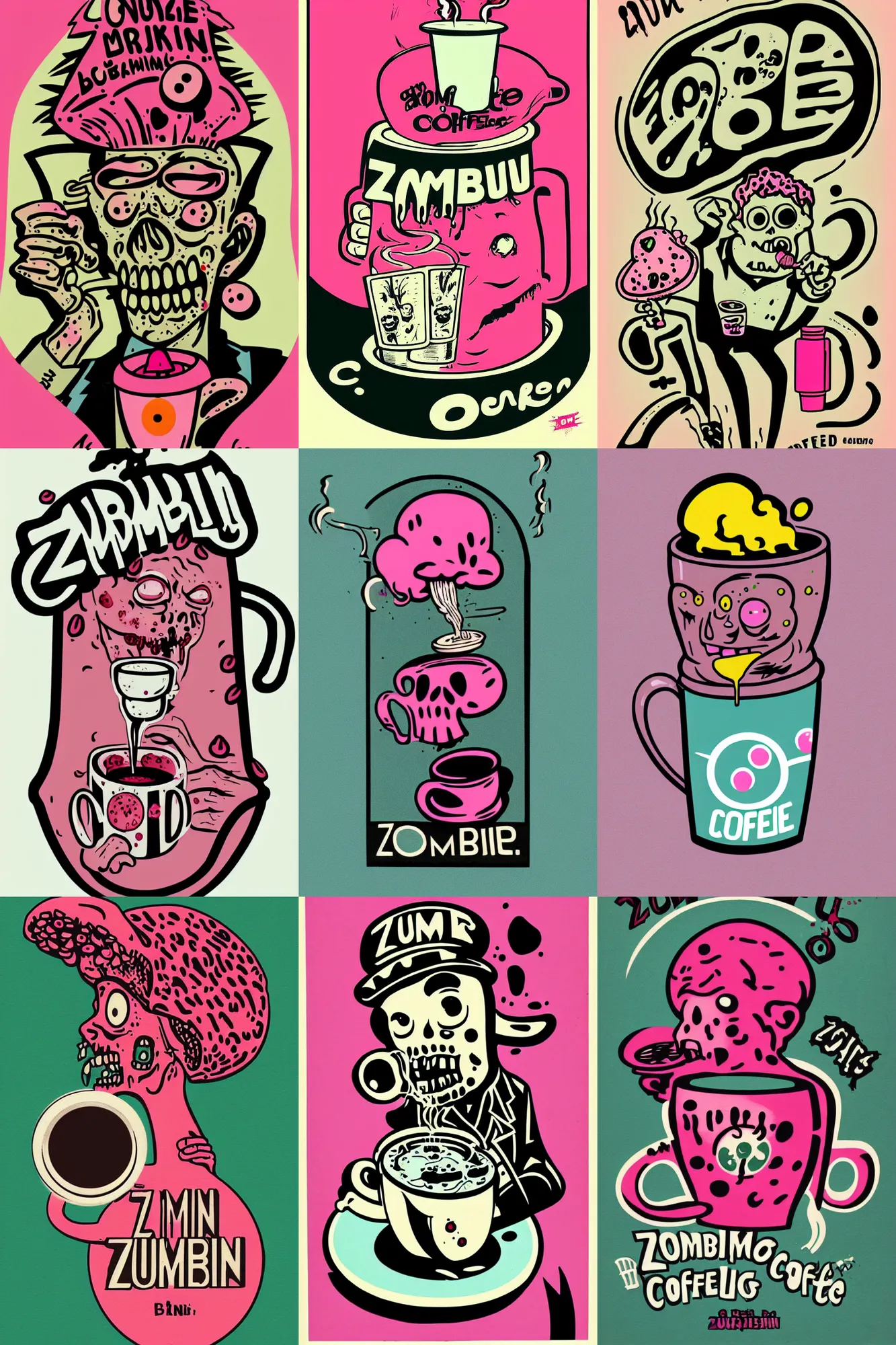 Prompt: zombie drinking coffee logo, pink atomic brain mushroom cloud coming from cup, by mcbess, full colour print, vintage colours, 1950s