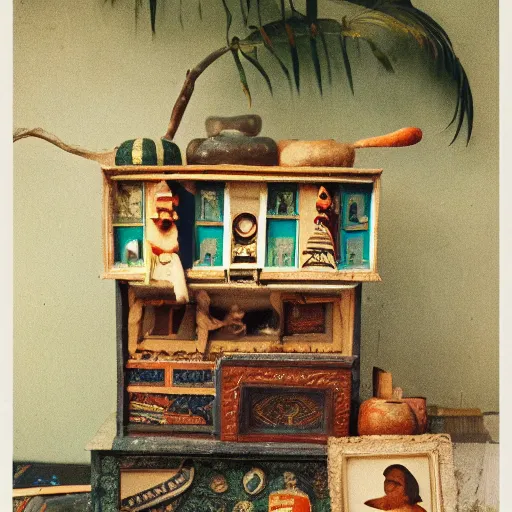 Image similar to An offset photography of an object on display, three colors, anthropology of wonder, exotic artifacts, bauhause, (tropicalism), colonial expedition, exhibition, 60s style