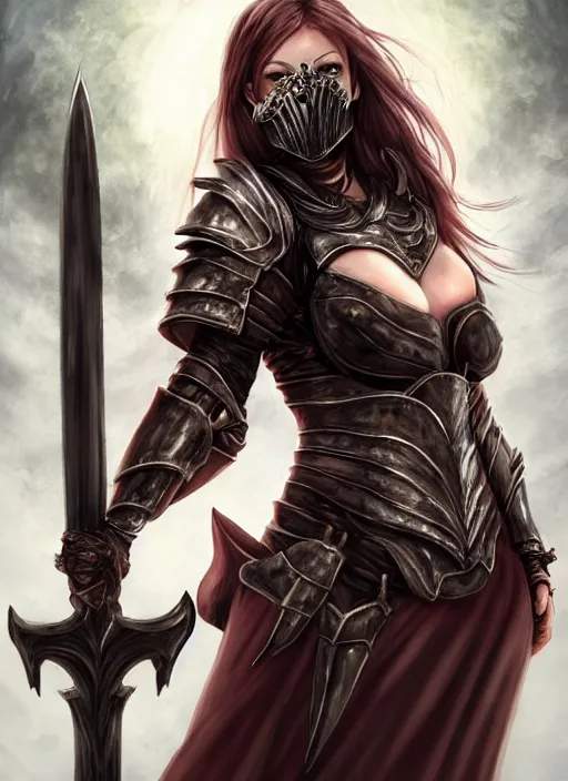 Image similar to fantasy visual, female vampire warrior, full body portrait, barefoot, no shoes, exposed toes, nail polish, black full plate armor, historical armor, realistic armor, muscular, covered chest, metal mask, giant two - handed sword dripping blood, flying, grinning, realistic, dungeons and dragons.