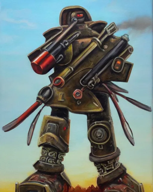 Prompt: t - 3 4 mech!!! armed with a tank cannon for an arm, humanoid figure, oil painting, soviet tank, tribal yurta, postapocalyptic, sharp focus