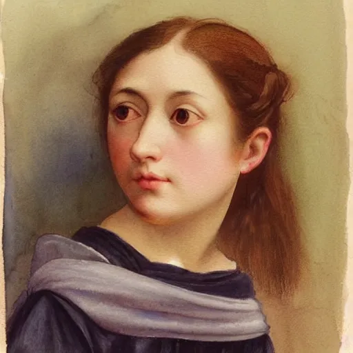 Image similar to colored portrait. a very unique watercolor painting profile, 3 / 4, medium shot. a straight and long nose, and huge prominent eyes. she is looking at the mirror and crying. old photograph. sharp image. academicism, highly detailed, color harmony, art station, ornate, caravaggio style. old photography