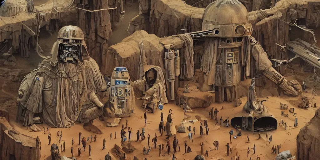 Prompt: a scene from Star Wars, detailed illustration, character design, intricate, by Wes Anderson, hieronymus bosch and Moebius