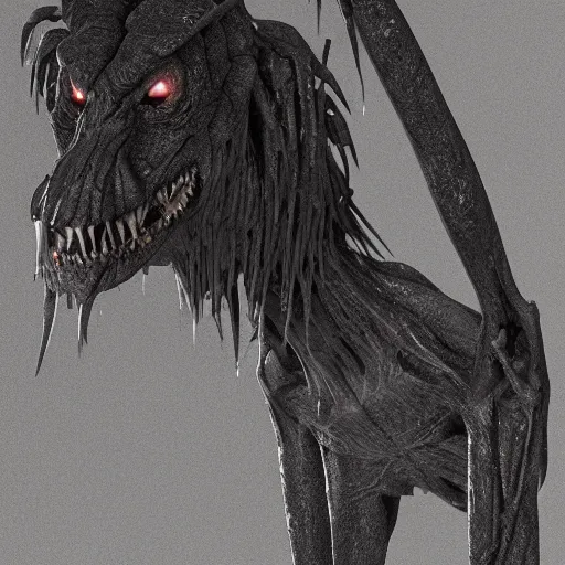 Image similar to tall bipedal creature in the darkness, long claws, large long pointy teeth, drooling, hunched over, dark cavern, no light, highly intricate, detailed, 8 k