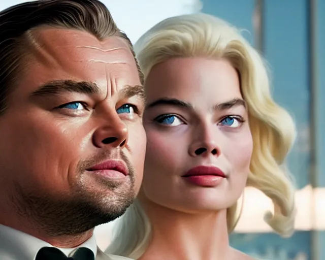 Image similar to leonardo dicaprio as the wolf of wall street next to margot robbie as naomi from the wolf of wall street, hyper realistic faces, hyper realistic eyes, cinematic, long shot, hyper detailed, 8 5 mm photograph, 8 k resolution, film still, sharp lens, wide lens