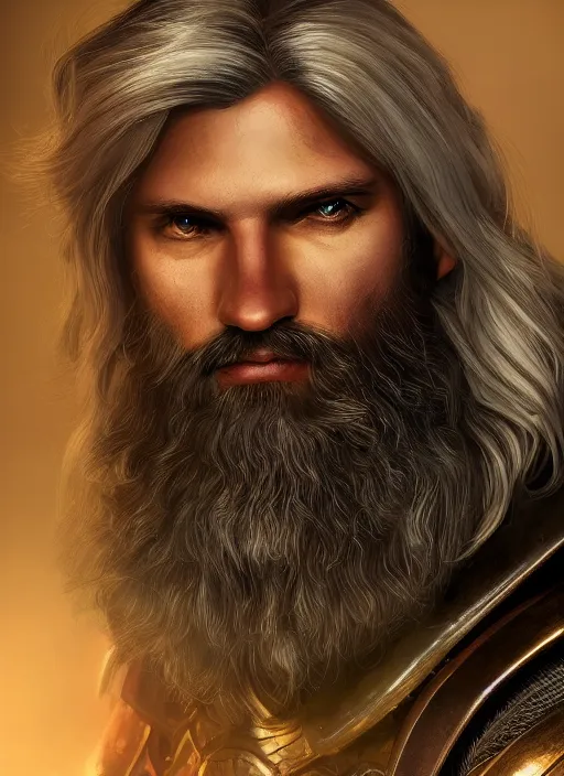 Image similar to an epic fantastic realism comic book style portrait painting of an aasimar paladin, male, shaggy silver hair, short brown beard, steve argyle, d & d concept art, unreal 5, daz, teal aesthetic, octane render, cosplay, rpg portrait, dynamic lighting