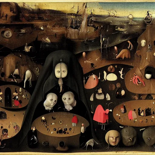 Prompt: anxiety. depression. sadness. horror. fear. deep color contrast. 4k. art by Hieronymus Bosch