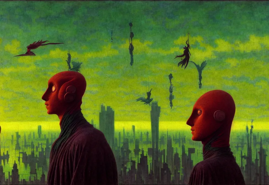 Prompt: realistic detailed portrait movie shot of a birdman wearing dark green ragged robes, futuristic city sunrise landscape background by denis villeneuve, jean delville, yves tanguy, alphonse mucha, ernst haeckel, max ernst, roger dean, rich moody colours, ethereal, closeup