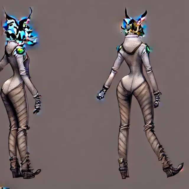 Image similar to the full body of anthropomorphic lynx fursona from behind wearing a steampunk suit as unimaginably beautiful, gorgeous, elegant, young woman with lynx head, an ultrafine hyperdetailed illustration by furaffinity, intricate linework, white fur, unreal engine 5 highly rendered, global illumination, radiant light, detailed and intricate environment