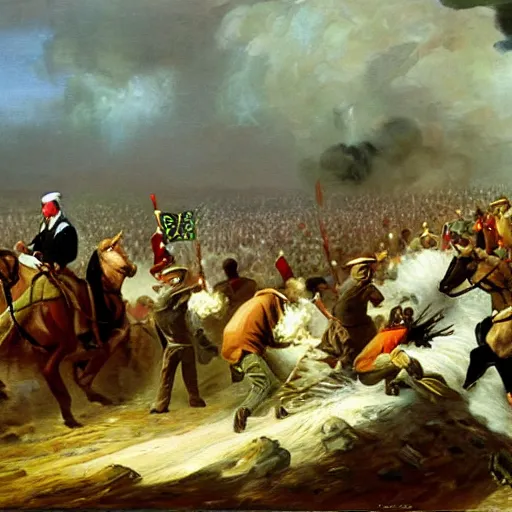 Image similar to George H.W. Bush destroys Iraq, oil on canvas, 1843