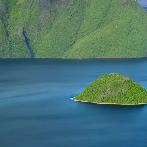 Image similar to high resolution camera capture of a a verdant large island with fjords and mountains