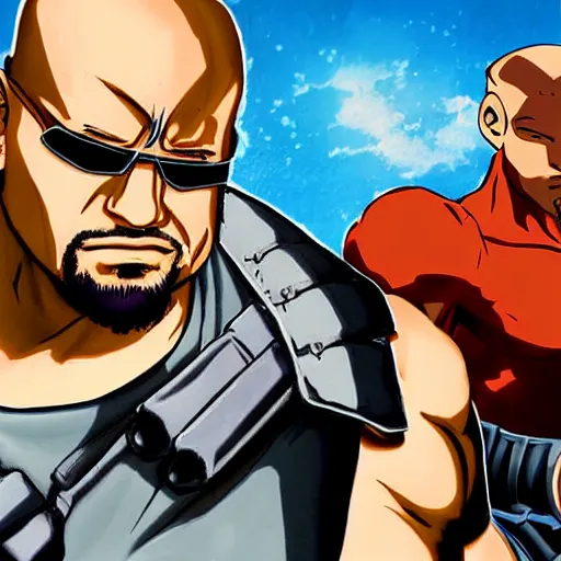 Prompt: anime portrait of dwayne johnson as barret with machine gun arm from final fantasy 7