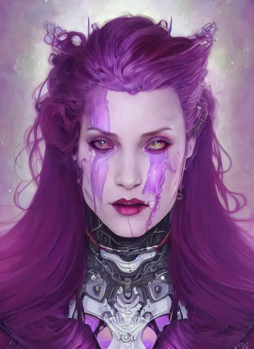 Prompt: close up portrait vampire with purple hair in sci - fi bionic armor, highly detailed, very intricate, art nouveau, red filigree, romantic storybook fantasy, soft cinematic lighting, award - winning, disney concept art watercolor illustration by mandy jurgens and alphonse mucha and alena aenami, pastel color palette, featured on artstation