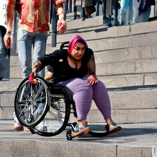 Prompt: jodie marsh pushing an obese indian woman in a wheelchair on steps in Porto, detailed photo