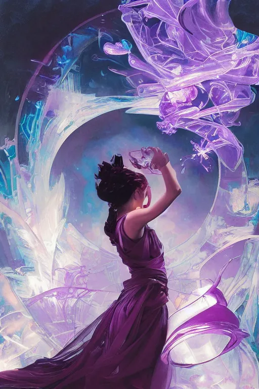 Prompt: she dreams of arcs of purple flame intertwined with glowing sparks, glinting particles of ice, dramatic lighting, steampunk, secret holographic cyphers, red flowers, bright neon solar flares, high contrast, smooth, sharp focus, art nouveau, painting by Caravaggio and Daytoner and ruan jia and greg rutkowski and Alphonse Mucha