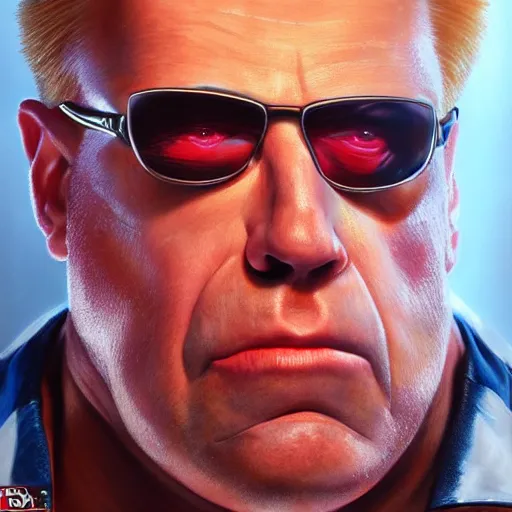 Prompt: ultra realistic portrait painting of duke nukem, stanley artgerm, 4 k, ultra realistic, highly detailed, epic lighting