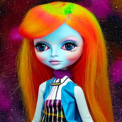 Prompt: A portrait of an extremely cute and adorable colorful vibrant holi nebula David Bowie Bratz doll with a modern futuristic hairstyle, painted by Mark Ryden and Margaret Keane in lowbrow pop surrealism style