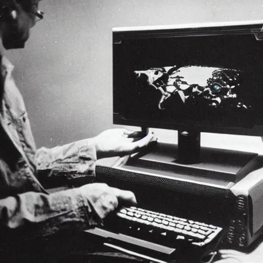 Prompt: a man watching the end of the world on a vintage computer