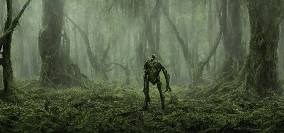 Image similar to a complex organic fractal 3 d metallic symbiotic ceramic humanoid megastructure creature in a swampy lush forest, foggy, cinematic shot, photo still from movie by denis villeneuve, wayne barlowe