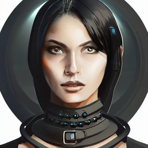 Image similar to headshot of cyberpunk woman wearing thick black choker around neck, detailed face, collar on neck, realistic, artstation, cyberpunk style, neon,