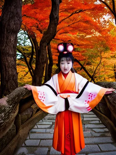 Prompt: full - color instagram photo of a cute young japanese girl cosplaying as a kitsune goddess doing a ritual dance in a windy inari shinto shrine in kyoto full of autumn leaves. she has fox - ears, a fox - tail, hands that are fox - paws, sharp fox - teeth, and a fox - nose. highly - detailed ; professional portrait photography.