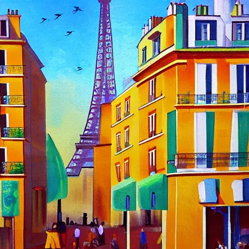 Prompt: A sunny day in modern Paris, colorful painting by Charles Blondin