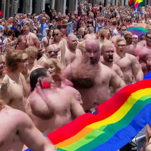 Image similar to putin in a pride parade lifted by large hairy men, film still, photography, high detail, 8 k, 4 k, focused