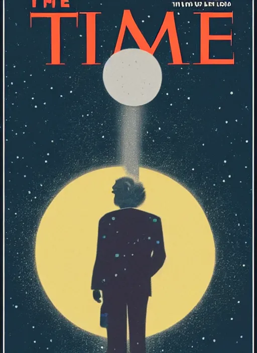 Image similar to the cover of time magazine with a man standing in front of a planet, poster art by Emiliano Ponzi, trending on cg society, private press, sci-fi, elite, cosmic horror