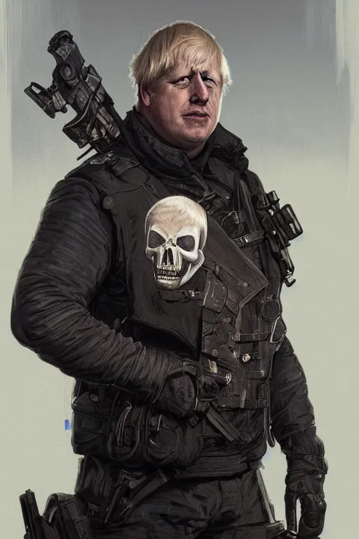 Prompt: Boris Johnson as Punisher, realitic portrait, skull image on the vest, highly detailed, digital painting, artstation, concept art, smooth lines, sharp focus, illustration, cinematic lighting, art by artgerm and greg rutkowski and alphonse mucha