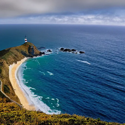 Image similar to cape reinga, wide shot, cinematic composition, banksy