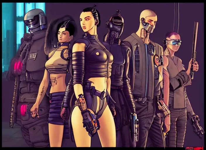 Image similar to cyberpunk samurai squad. portrait by stonehouse and mœbius and will eisner and gil elvgren and pixar. character design. realistic proportions. cyberpunk 2 0 7 7 character art, blade runner 2 0 4 9 concept art. cel shading. attractive face. thick lines. the team. diverse characters. artstationhq.