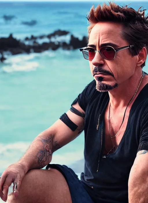 Image similar to a full portrait photo of robert downey jr holiday in bali, f / 2 2, 3 5 mm, 2 7 0 0 k, lighting, perfect faces, award winning photography.