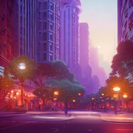 Image similar to an art deco cityscape with flowers lining the street. incredible voluminous indirect soft glow cinematic lighting, hyperdetailed features, movie still, intricate, octane render, unreal engine, crepuscular rays, god rays, by beeple and rhads and donato giancola