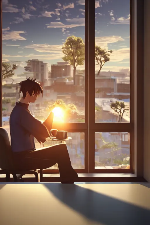 Image similar to a man sitting on a café table mext to a window and holding a cup of coffee at sunset, anime style, Pixar style, black hair, 4K, cartoon, concept art, octane render, unreal engine 5, path tracing, complementary colours, serene scene, warm, cute, natural lighting, high quality, highly detailed, high coherence, defined face, five fingers, anatomically correct, soft lighting, close view