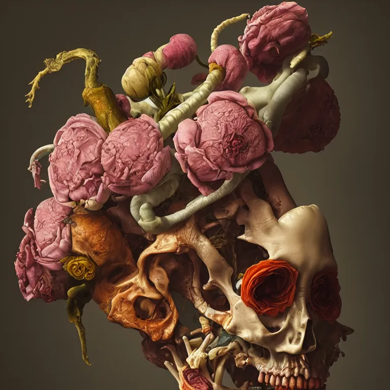 Image similar to still life of rotten flesh, beautiful pastel flowers, human spine, colorful mold, baroque painting, beautiful detailed intricate insanely detailed octane render, 8K artistic photography, photorealistic, chiaroscuro, Raphael, Caravaggio