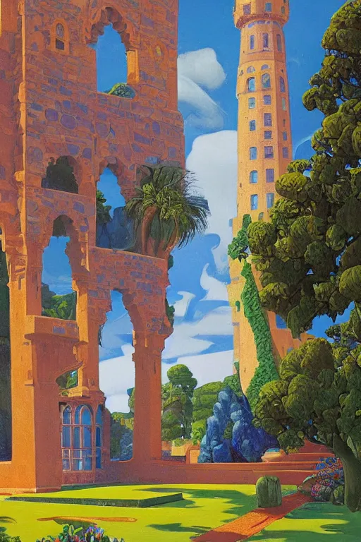 Image similar to view of the ancient blue tower in its gardens after a storm, tall windows, beautiful moorish ornament, dramatic cinematic lighting, rich colors, golden age illustration, by Sylvain Sarrailh and Nicholas Roerich and Ludwig Deutsch and April Gornik