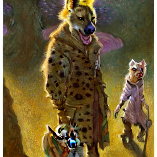 Image similar to a field with a female hyena hyenawoman canine in wizard robes. zootopia fursona furaffinity furry art detailed face painting by gaston bussiere craig mullins jc leyendecker gustav klimt artgerm greg rutkowski furry