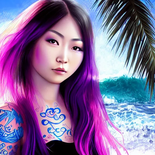 Prompt: beautiful modern asian girl with tattoo's and blue pink purple long hair looking in the camera with sea with big waves in the background, portrait, 8 k, digital art, detailed realistic eyes.
