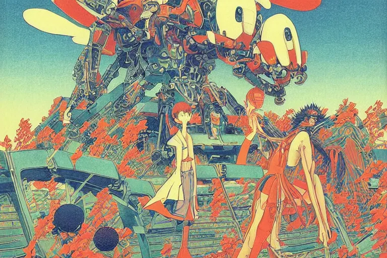 Image similar to gigantic dragonflies with human faces catch tiny robots, a lot of exotic mechas robots around, human heads everywhere, risograph by kawase hasui, dirtyrobot, edward hopper, satoshi kon and moebius, colorful flat surreal design, super - detailed, a lot of tiny details, fullshot