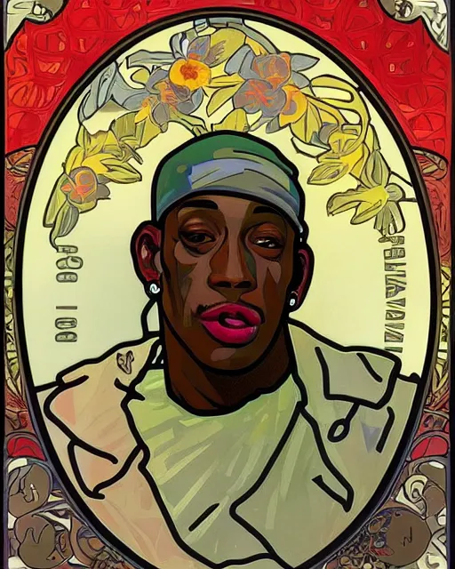 Image similar to a portrait painting of ( ( ( dennis rodman ) ) ) in the style of alphonse mucha!!!