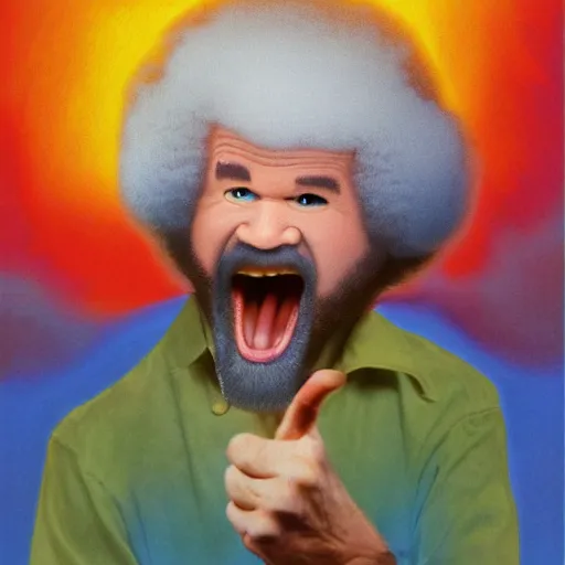 Prompt: bob ross screaming in mouth of bob ross screaming on a bad acid trip